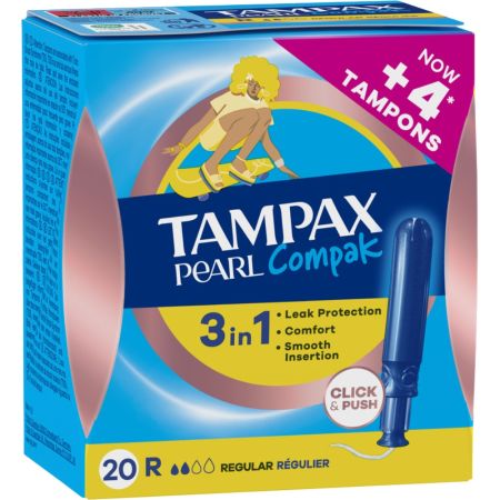 Tampax Tampones Pearl Compak Regular 3in1 Formato Especial Tampones con aplicador de plástico ofrecen protección discreción y comodidad de larga duración 20 uds