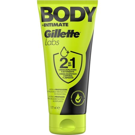 Gillette Labs Body+Intimate Crema De Afeitado Corporal+Limpiador Crema de afeitado y limpiador corporal elimina suciedad y exceso de grasa protegiendo de la irritación del afeitado 177 ml