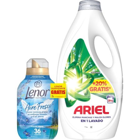 Ariel Detergente Original+Aire Fresco Alpino Suavizante Gratis Pack regalo para el lavado de la ropa elimina manchas y malos olores ofreciendo frescor resistente al secar