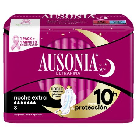 Ausonia Ultrafina Noche Extra Compresas 10h Compresas de noche con alas hasta 10 horas de protección 8 uds