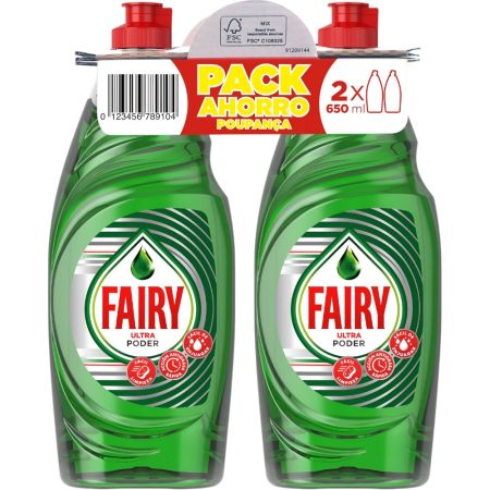 Fairy Lavavajillas Ultra Poder Duplo Pack Ahorro Lavavajillas a mano antigrasa para una limpieza rápida y sin esfuerzo 2x650 ml