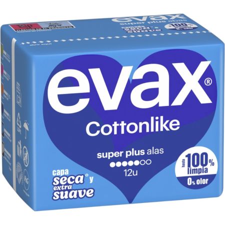 Evax Compresas Cottonlike Super Plus Compresas con alas te ayudan a mantenerte totalmente limpia y sin rastro de olor 12 uds