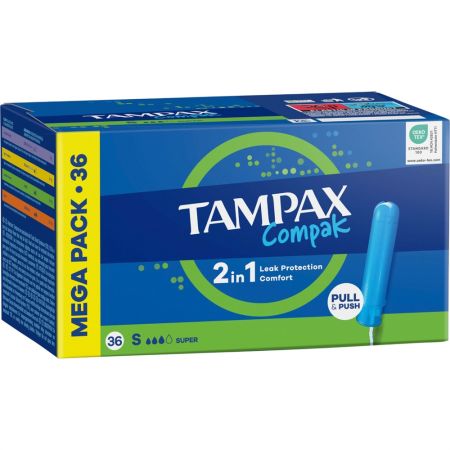 Tampax Tampones Compak Super Mega Pack Tampones con aplicador de plástico ofrecen protección discreción y comodidad de larga duración 36 uds