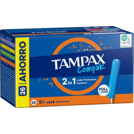 Tampax Tampones Compak Super Plus 2 In 1 Formato Ahorro Tampones con aplicador de plástico ofrecen protección discreción y comodidad de larga duración 26 uds