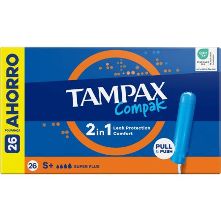 Tampax Tampones Compak Super Plus 2 In 1 Formato Ahorro Tampones con aplicador de plástico ofrecen protección discreción y comodidad de larga duración 26 uds