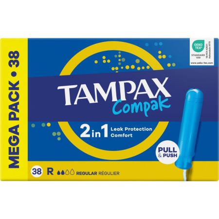 Tampax Tampones Compak Regular 2 In 1 Mega Pack Tampones con aplicador de plástico ofrecen protección discreción y comodidad de larga duración 38 uds