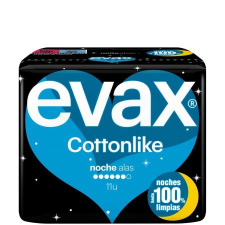 Evax Compresas Cottonlike Noche Alas Compresas de noche con alas y parte trasera más larga y ancha ofrecen mayor suavidad y larga duración 11 uds