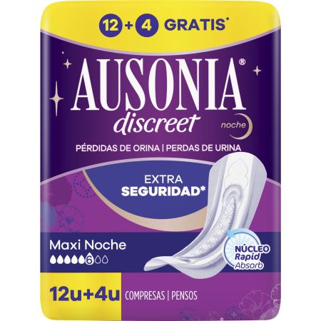 Ausonia Discreet Maxi Noche Compresas Formato Especial Compresas de noche rápida absorción para pérdidas de orina ofrecen mayor confort 16 uds