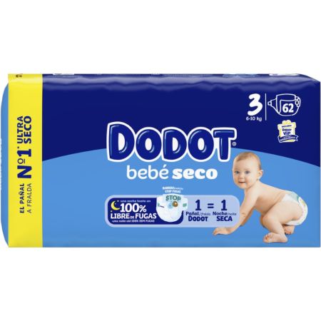 Dodot Pañales Bebé Seco 6-10 Kg Talla 3 Pañal suave antifugas con ajuste cómodo ofrece hasta 12 horas de protección gracias a su núcleo absorbente 62 uds