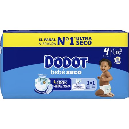 Dodot Pañales Bebé-Seco 9-14 Kg Talla 4 Pañal suave antifugas con ajuste cómodo ofrece hasta 12 horas de protección gracias a su núcleo absorbente 58 uds