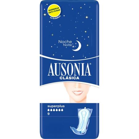 Ausonia Compresas Noche Clásica Superplus Compresas de noche sin alas antifugas se adaptan a tu cuerpo para hacerte sentir cómoda y segura 9 uds