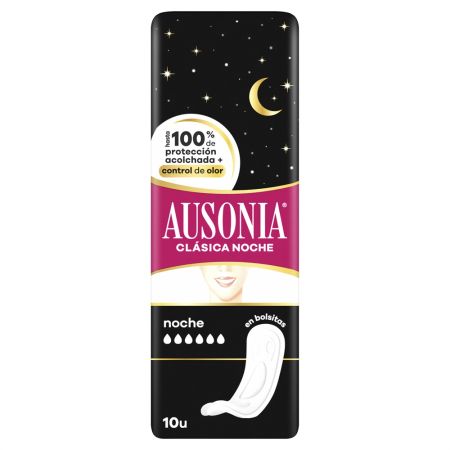 Ausonia Compresas Noche Clásica Superplus Compresas de noche sin alas antifugas se adaptan a tu cuerpo para hacerte sentir cómoda y segura 9 uds