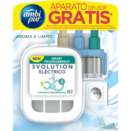 Ambipur Ambientador 3volution Aroma A Limpio Recambio+Aparato Gratis Ambientador eléctrico para hogar combate los malos olores hasta 90 días de duración 21 ml