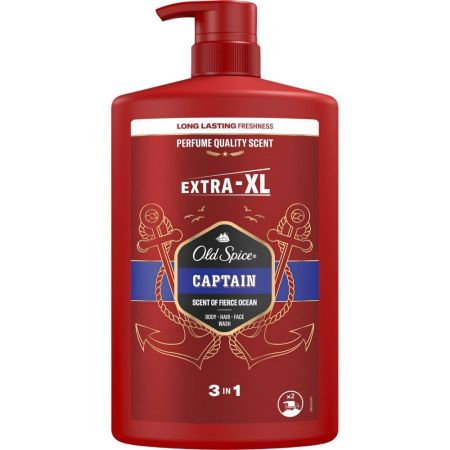 Old Spice Captain Gel De Baño-Champú 3 En 1 Extra-Xl Gel de ducha y champú limpia la piel y deshace el mal olor con refrescante fragancia 1000 ml