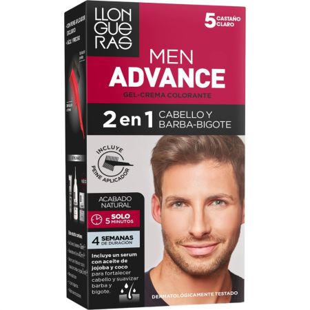 Llongueras Men Advance Gel-Crema Colorante 2 En 1 Tinte profesional para hombres atenua canas del cabello barba y bigote hasta 4 semanas de duración