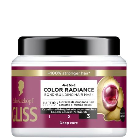 Gliss 4-In-1 Color Radiance Bond-Building Hair Mask Mascarilla reparadora protege el color hasta 13 semanas para cabello teñido o con mechas 400 ml