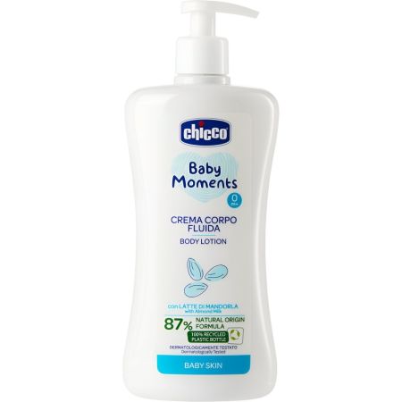 Chicco Baby Moments Crema Corpo Fluida +0m Crema corporal de textura no grasa nutre y suaviza en profundidad la delicada piel del bebé dejándola sedosa 500 ml