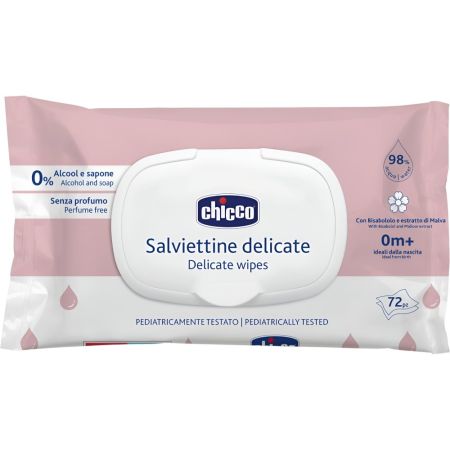 Chicco Salviettine Delicate +0m Toallitas sin perfume de tela suave para limpiar y calmar manos rostro y partes íntimas 72 uds