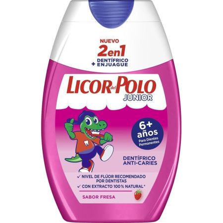 Licor Del Polo Junior Dentífrico+Enjuague 2en1 +6 Años Pasta de dientes infantil anticaries y antiplaca ofrece frescor duradero con sabor a fresa 75 ml