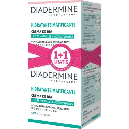 Diadermine Hidratante Matificante Crema De Día Duplo Formato Especial Crema de día hidratante y matificante proporciona un rostro uniforme sin brillos 2x50 ml