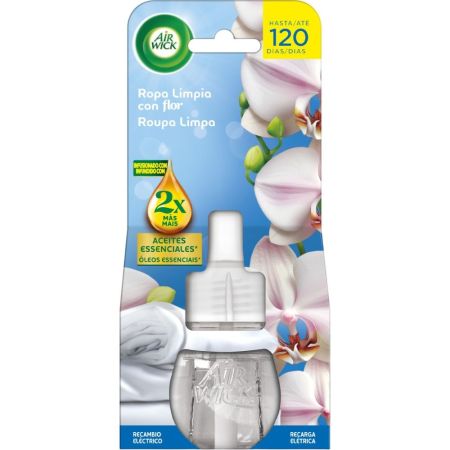 Air Wick Ambientador Ropa Limpieza Con Flor Recambio Ambientador eléctrico para hogar neutraliza olores con suave aroma floral hasta 120 días 19 ml