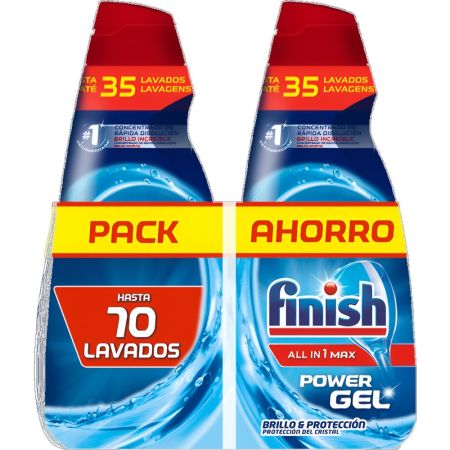 Finish Lavavajillas All In 1 Max Power Gel Duplo Pack Ahorro Lavavajillas a máquina aporta brillo y protección para tu cristalería y limpia las manchas más difíciles 70 lavados 2x700 ml
