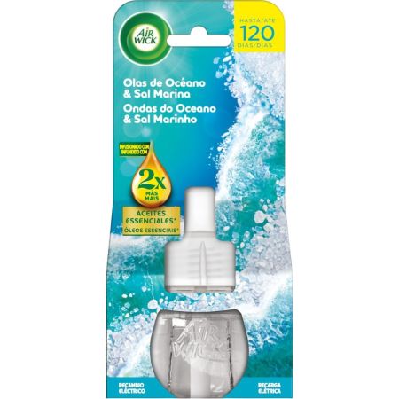 Air Wick Ambientador Olas De Océano & Sal Marina Recambio Ambientador eléctrico para hogar neutraliza olores ofreciendo suave aroma a sal marina hasta 120 días 19 ml