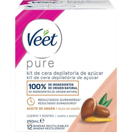 Veet Pure Kit De Cera Cepilatoria De Azúcar Cera tibia para cuerpo y rostro 100% de origen natural con aceite de argán para 28 días de suavidad 250 ml