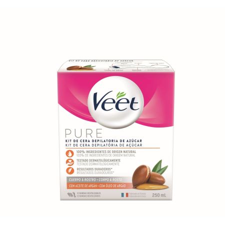 Veet Pure Kit De Cera Cepilatoria De Azúcar Cera tibia para cuerpo y rostro 100% origen natural con aceite de argán 250 ml