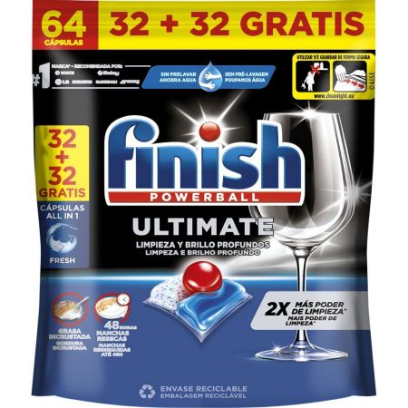 Finish Lavavajillas Powerball Ultimate All In 1 Limpia lavavajillas en cápsulas avanzado para mejor limpieza brillo y disolución 64 uds