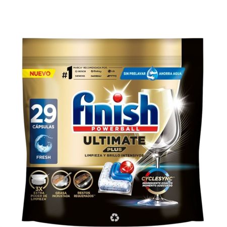 Finish Lavavajillas Powerball Ultimate Plus Lavavajillas a máquina en cápsulas ofrece limpieza intensiva y brillo de diamante eliminando restos requemados 29 uds