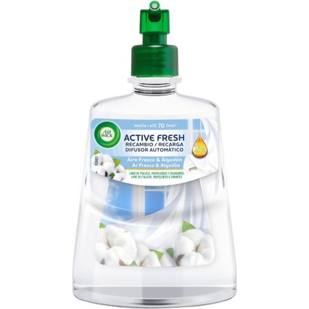 Air Wick Active Fresh Aire Fresco & Algodón Spray Automático Recambio Ambientador para hogar ofrece gran aroma fresco y duración 24 horas hasta 70 días 228 ml