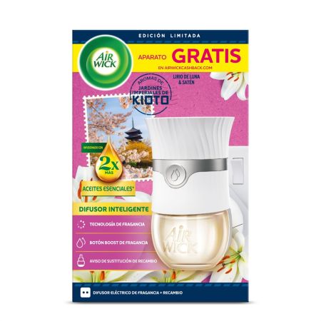 Air Wick Ambientador Aceites Esenciales Kioto Aparato+Recambio Ambientador eléctrico para hogar fragancia a jardines de kioto y frescor duradero hasta 120 días 19 ml