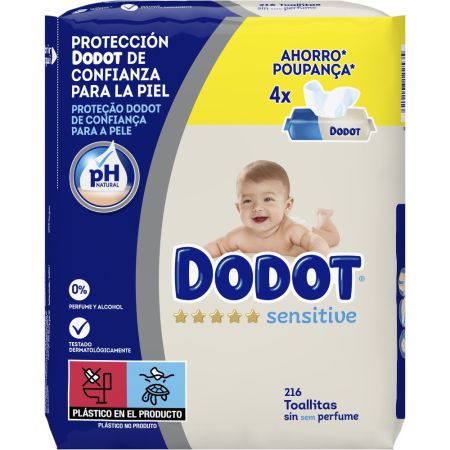 Dodot Toallitas Sensitive Pack Toallitas sin perfume ofrecen máxima protección a la piel sin parabenos ni alcohol 4x54 uds