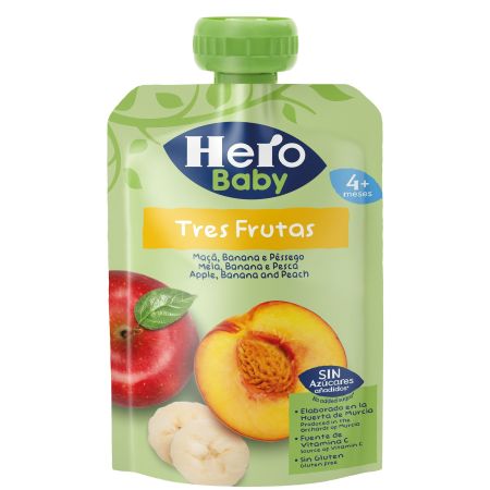 Hero Baby Bolsita Tres Frutas Bolsita sin azúcares añadidos y fuente de vitamina c a partir de 4 meses 100 gr