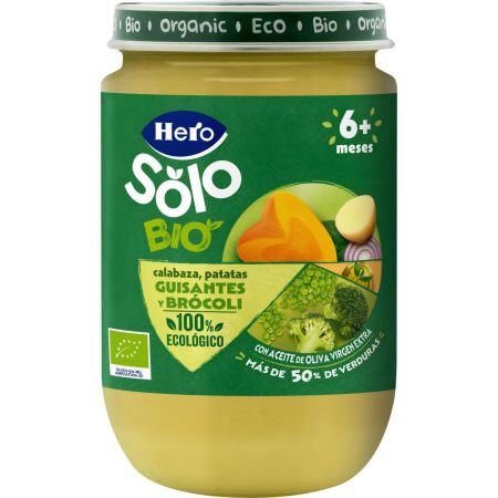 Hero Solo Bio Tarrito Calabaza Patata Guisantes Y Brócoli Tarrito ecológico sin gluten de textura suave elaborado con ingredientes 100% ecológicos a partir de 6 meses 190 gr
