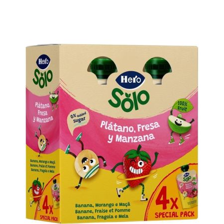 Hero Solo Bolsita Plátano Fresa Y Manzana Pack Especial Bolsitas naturales sin gluten ni azúcares añadidos elaborada con fruta a partir de 12 meses 4x100 gr