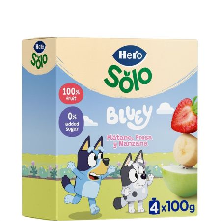Hero Bluey Solo Bolsita Plátano Fresa Y Manzana Pack Especial Bolsitas naturales sin gluten ni azúcares añadidos elaborada con fruta a partir de 12 meses 4x100 gr