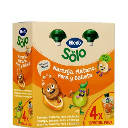 Hero Solo Bolsitas Naranja Plátano Pera Y Galleta Bolsitas naturales elaboradas con fruta especialmente seleccionada a partir de 12 meses 4x100 gr
