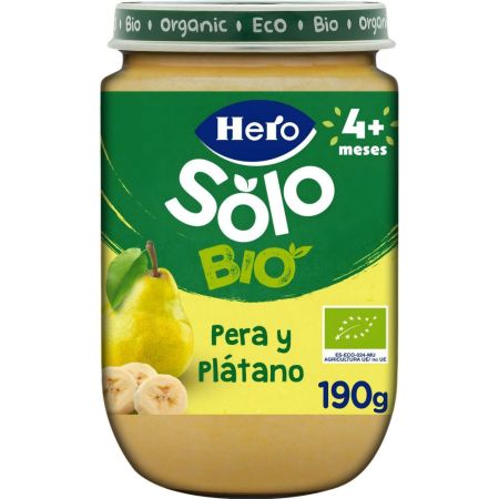 Hero Solo Bio Tarrito Pera Y Plátano Tarrito ecológico de textura suave elaborado con 100% fruta ecológica a partir de 4 meses 190 gr