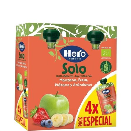 Hero Solo Bolsitas Eco Mazana Fresa Plátano Y Arándanos Pack Bolsitas naturales elaboradas con ingredientes 100% ecológicos a partir de 4 meses 4x100 gr