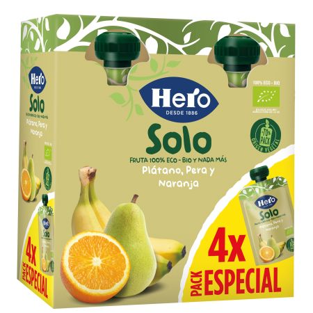 Hero Solo Bolsita Eco Plátano Pera Y Naranja Pack Especial Bolsita sin gluten elaborada ingredientes 100% ecológicos a partir de 6 meses 4x100 gr