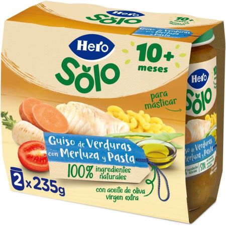 Hero Solo Tarritos Guiso De Verduras Con Merluza Y Pasta Tarritos naturales sin gluten de textura con trocitos elaborados con los mejores ingredientes a partir de 10 meses 2x235 gr