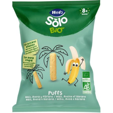Hero Solo Bio Puffs Maíz Avena Y Plátano Snack ecológico sin conservantes ni colorantes y sin sal añadida a partir de 8 meses 25 gr