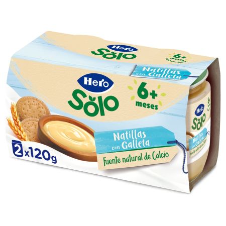 Hero Solo Tarrinas Natillas Con Galleta Natillas naturales de textura suave con alimentos esenciales perfectas para la merienda a partir de 6 meses 2x120 gr