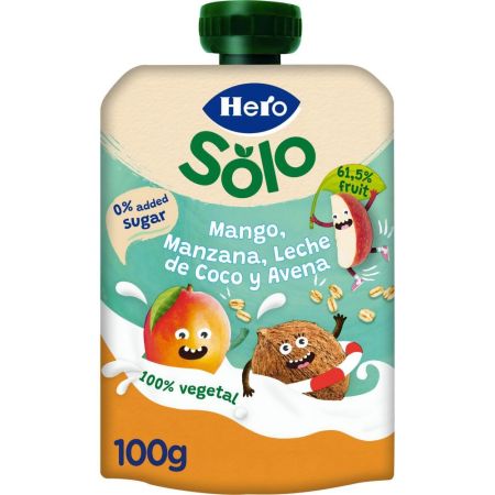 Hero Solo Bolsita Mango Manzana Leche De Coco Y Avena Bolsita ecológica sin gluten elaborada con ingredientes 100% ecológicos a partir de 4 meses 100 gr