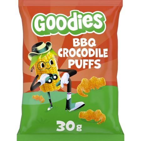 Goodies Puffs Bbq Cocodrilo Snack divertido y sabroso con forma de dinosaurio elaborado con ingredientes naturales a partir de 3 años 30 gr