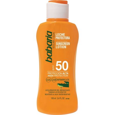 Babaria Leche Protectora Spf 50 Leche solar resistente al agua aceleradora del bronceado con aloe vera 100 ml