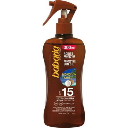 Babaria Aceite Protector Monoi Tahiti Spf 15 Aceite solar acelerador del bronceado con aloe vera y el mono de tahiti 300 ml