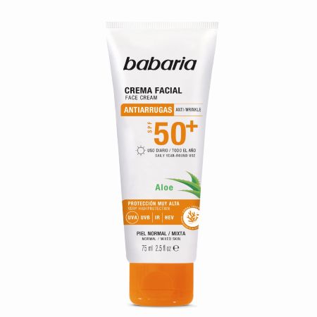 Babaria Crema Facial Antiarrugas Aloe Spf 50+ Crema facial resistente al agua antienvejecimiento y antipolución 75 ml